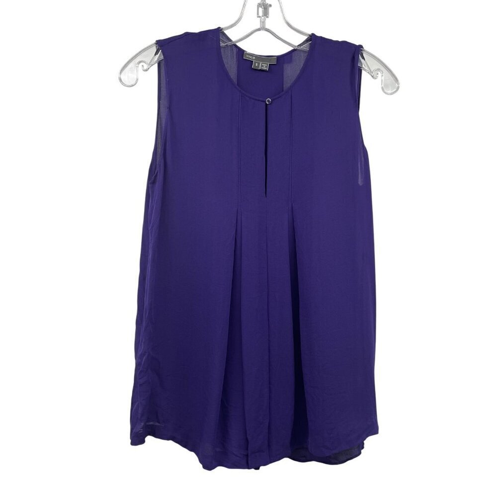 Vince Womens Silk Sheer Sleeveless Blouse Pleated Purple Size Small